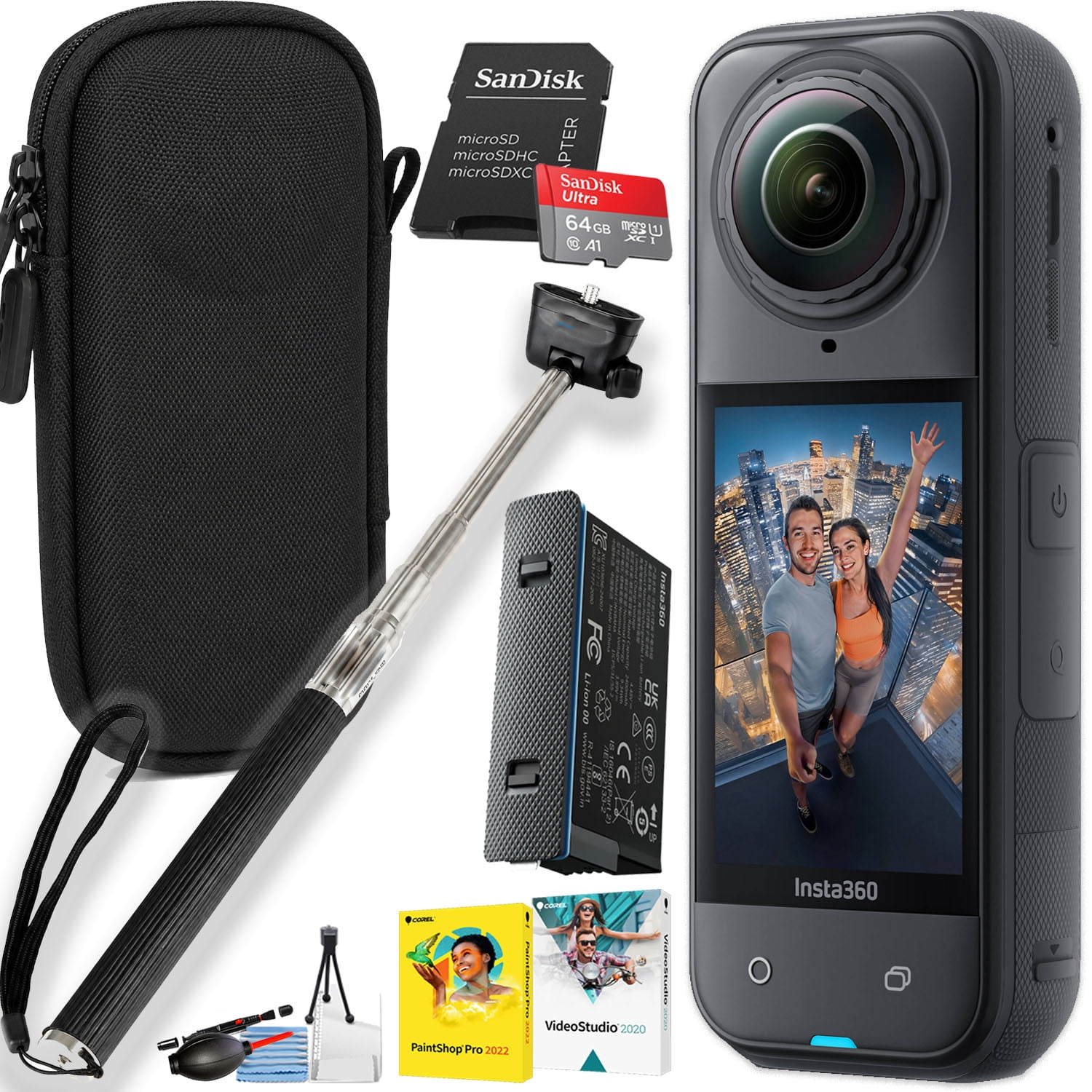 Insta360 X5 360° 8K Action Camera - Waterproof, FlowState Stabilization, Built in Wind Guard, Replaceable Lens + Selfie Stick + 64GB Memory Card