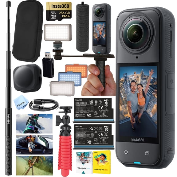 Insta360 X5 360 8K Camera-Action Bundle -256GB Memory, Batteries, Invisible Selfie Stick, Hand Grip, LED Light, Tripod and More