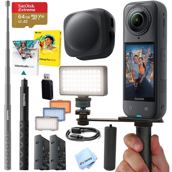 Insta360 X5 360 8K Camera-Action Bundle -64GB Memory, Batteries, Invisible Selfie Stick, Hand Grip, LED Light, and More