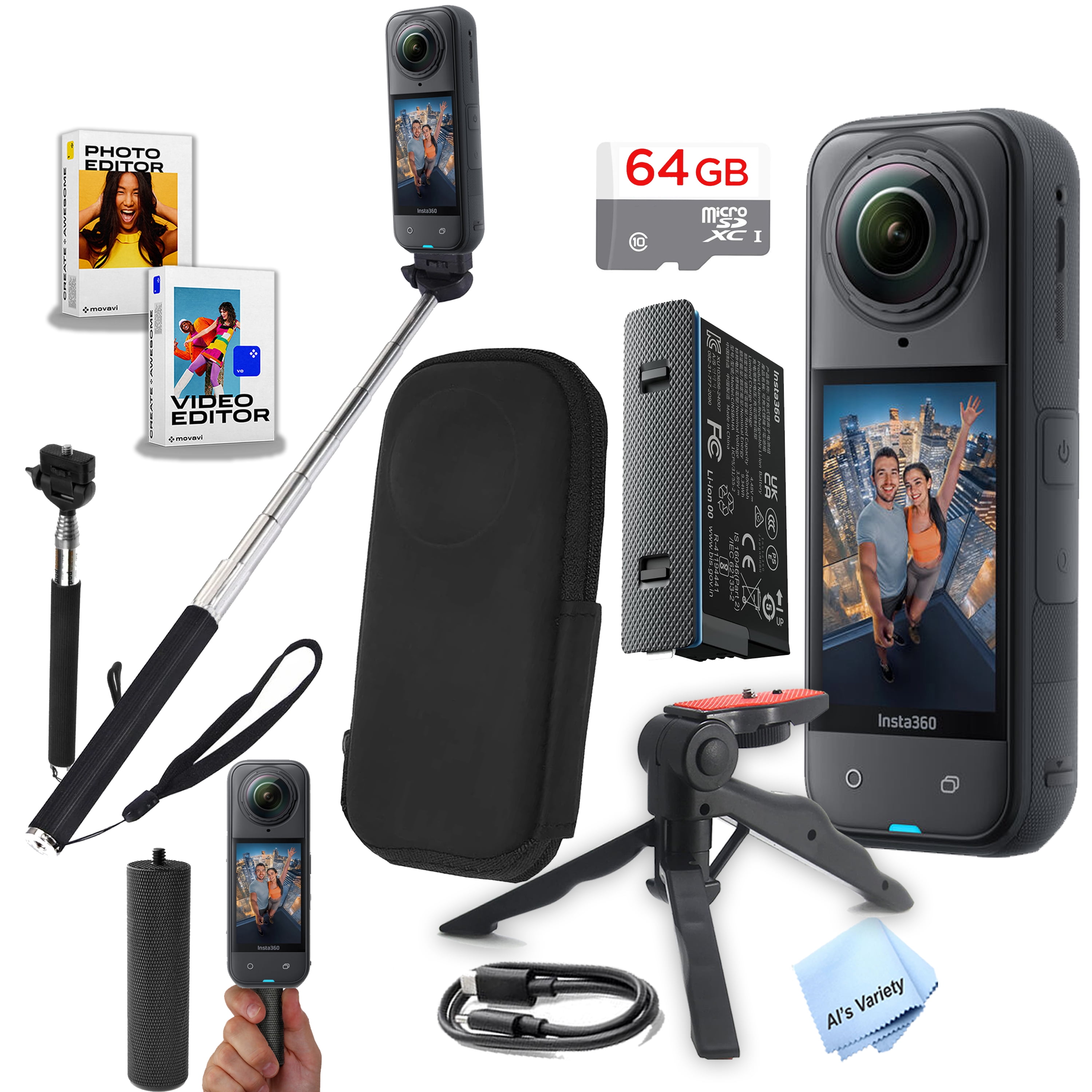 Insta360 X5 360° 8K Camera-For Content Creators and Videographers| 8K30/5.7K30 360° PureVideo Recording-64Gb Memory, Selfie Stick MonoPod, Grip, Tripod, Software (Top Value Bundle)