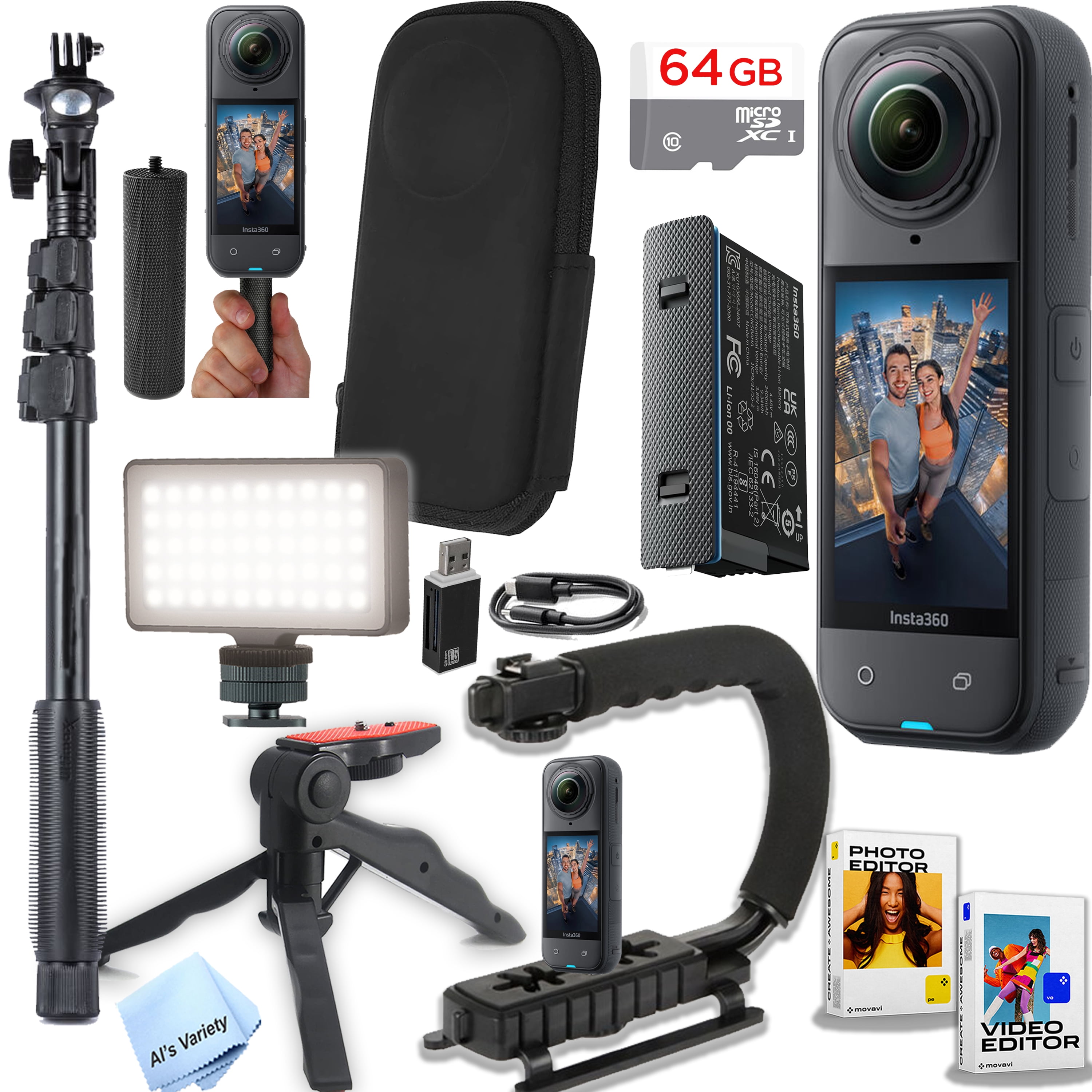 Insta360 X5 360° 8K Camera-Video Bundle -64GB Memory, Selfie Stick, Hand Grip, U grip, Tripod, LED Light, And More