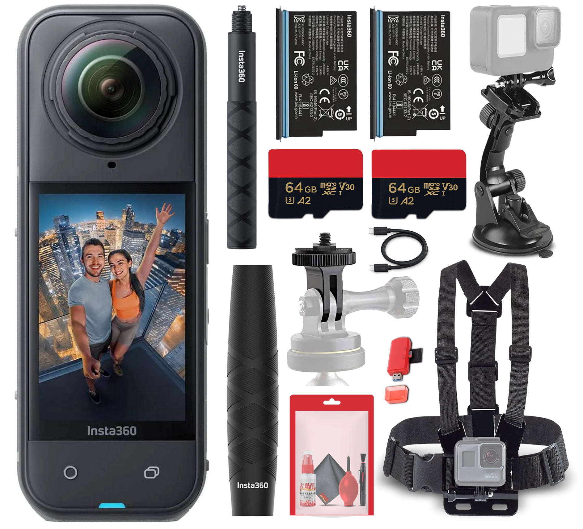 Insta360 X5 8K 360 Waterproof Action Camera | 1/1.28" Sensors, Replaceable Lenses, PureVideo AI, Stabilization (CINSAAHA_X501) + Charger + 2 x Battery + Invisible Selfie Stick + More