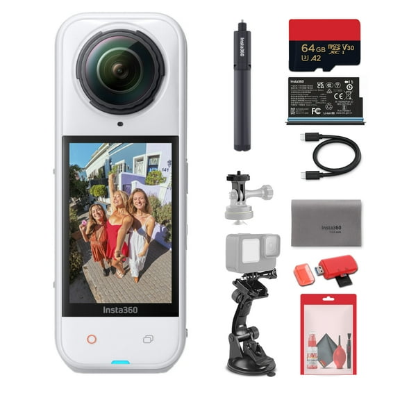 Insta360 X5 8K 360 Waterproof Action Camera (White) | 1/1.28" Sensors, Replaceable Lenses, PureVideo AI, 185-Min Battery Life (CINSAAHA_X532) + Invisible Selfie Stick + 50-in-1 Accessory Kit + More