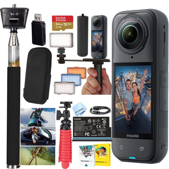 Insta360 X5 Waterproof 8K 360 Action Camera Low-Light Performance, 3-Hour Battery, Stabilized, Triple AI ChipPro Bundle -64GB Memory, Selfie Stick, Hand Grip, LED Light, and More