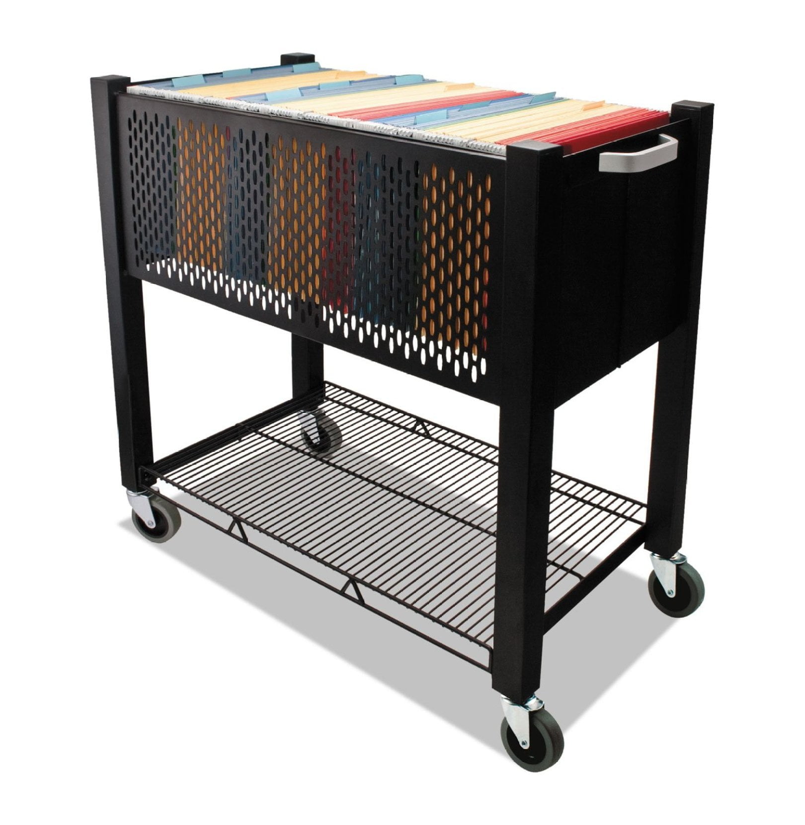 Black Steel Mobile File Cart with Push Handle and Locking Wheels