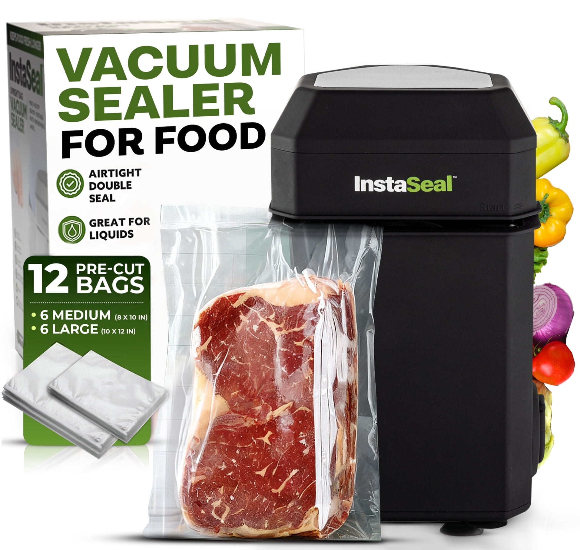 InstaSeal Food Vacuum Sealer Machine, Upright Vacuum Sealer Machine Allows to Vacuum Seal Liquids, Food Sealer, Keeps Food Fresh Longer As Seen on TV Products, Black