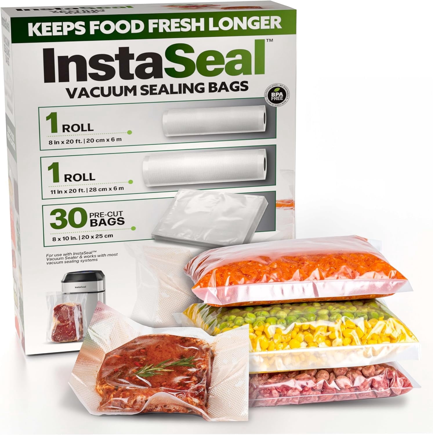 InstaSeal Vacuum Sealer Bags for Food, 1 Roll 8" x 20 Ft + 1 Roll 11" x 20 Ft + 30 Pre Cut Vacuum Seal Bags for Food, Works with MOST Vacuum Sealer Machines, Helps Keep Food Fresher Longer