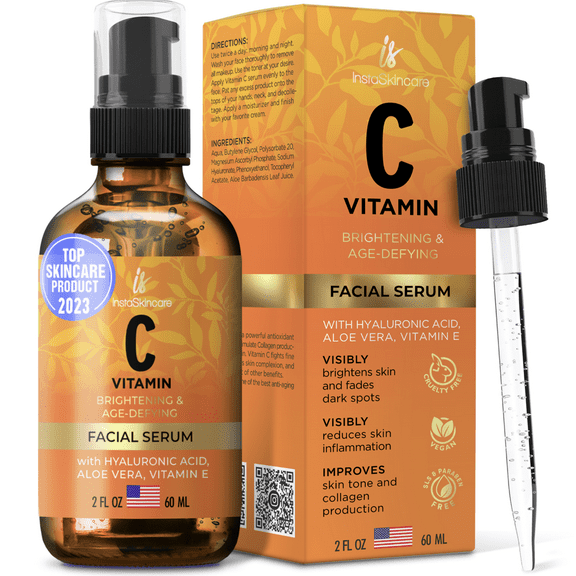 InstaSkincare Vitamin C Serum for Face and Eyes 2oz with Stem Cells, Hyaluronic Acid and Vitamin E