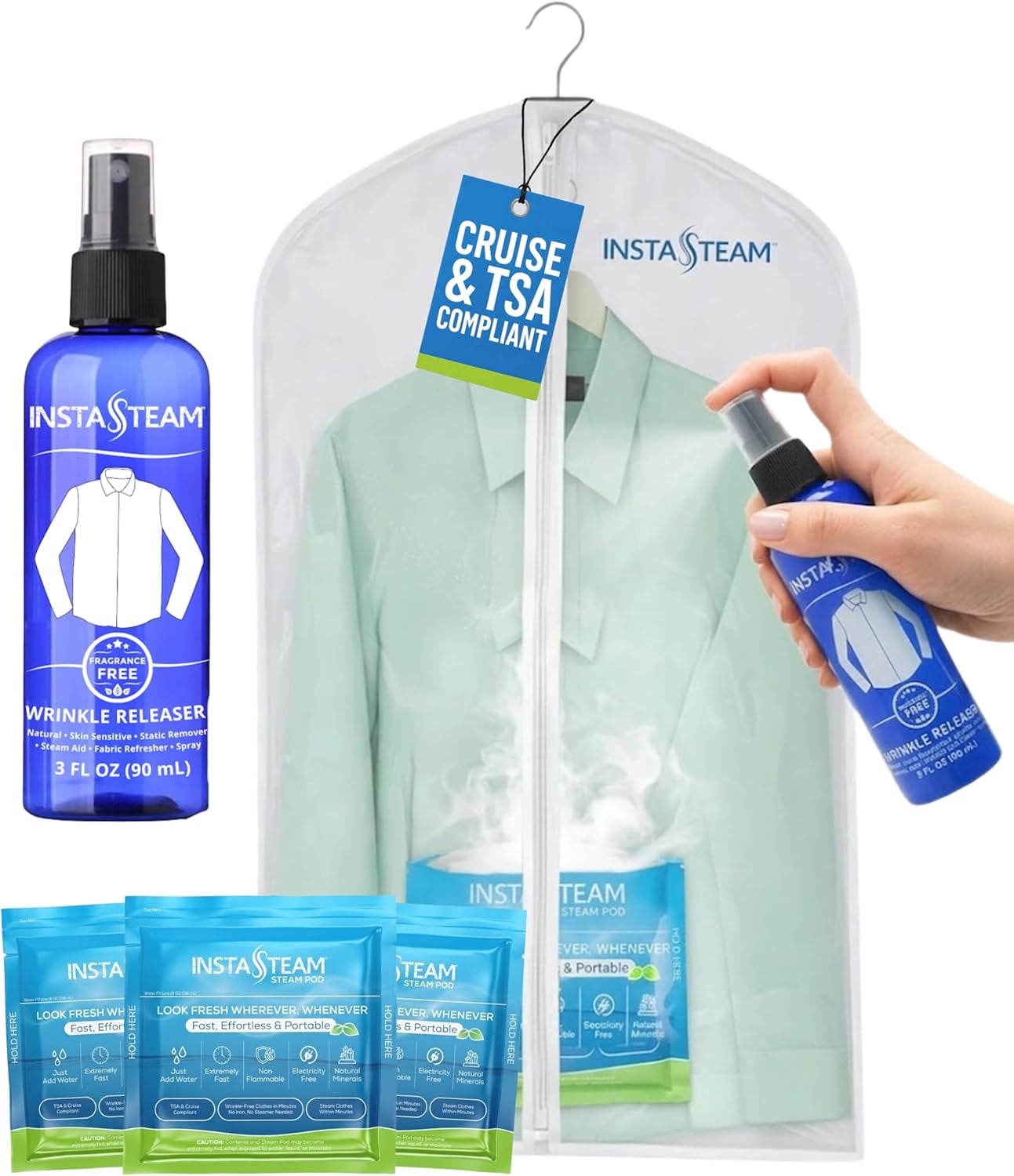 InstaSteam Starter Kit Travel Steamer, Electricity-Free, Wrinkle Release Spray, Cruise Ship Approved, Small Steamer, Disinfect, Deodorize