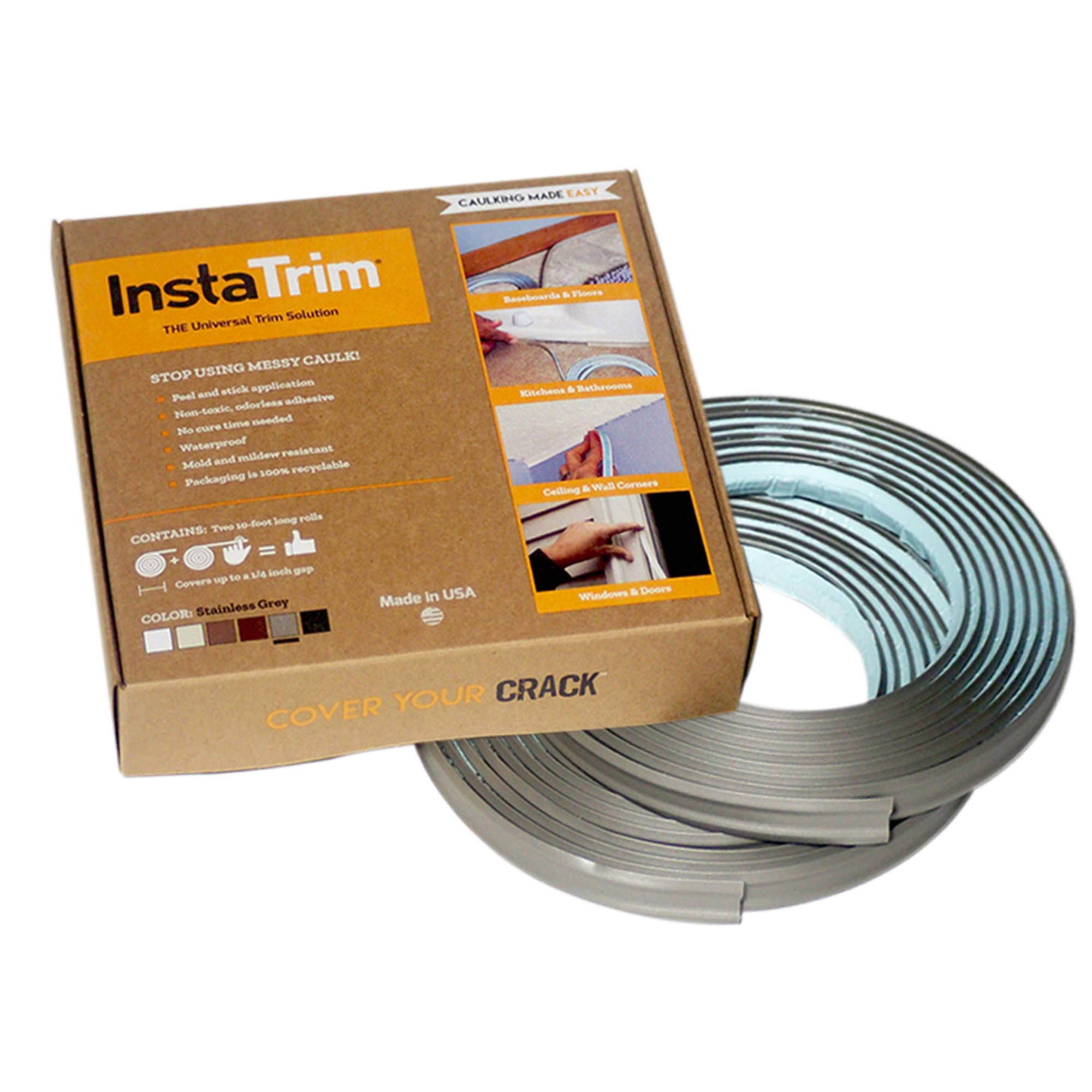 InstaTrim 1/2" Flexible Trim Moulding & Caulk Strips, Gray, 10 ft each