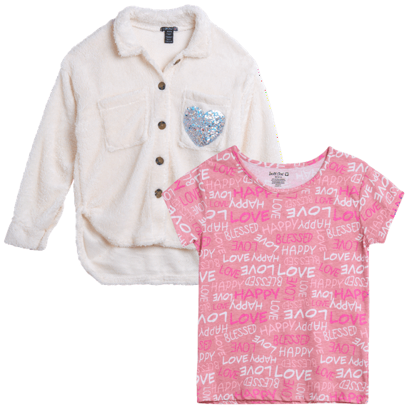 Instagirl Girls Shacket Set - 2 Piece Cozy Soft Fleece Sherpa Shirt Jacket and T Shirts for Girls