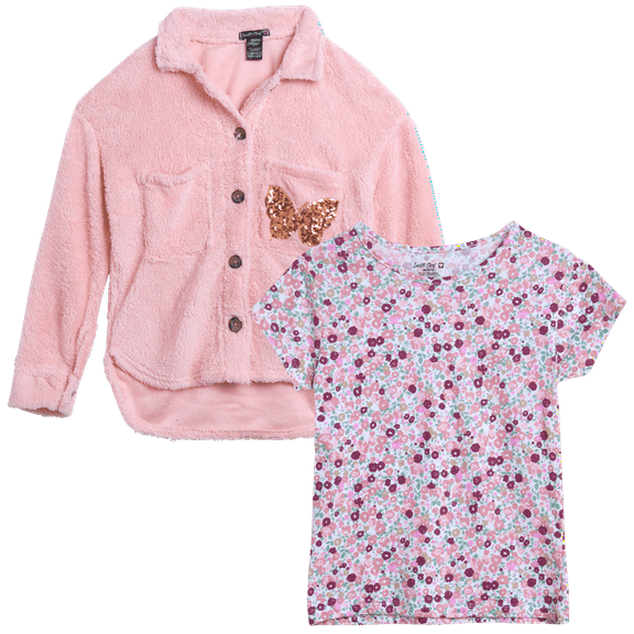 Instagirl Girls Shacket Set - 2 Piece Cozy Soft Fleece Sherpa Shirt Jacket and T Shirts for Girls