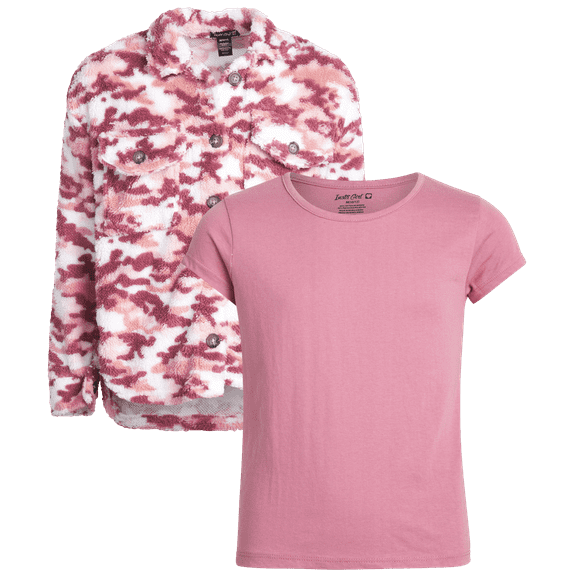 Instagirl Girls Shacket Set - 2 Piece Cozy Soft Fleece Sherpa Shirt Jacket and T Shirts for Girls