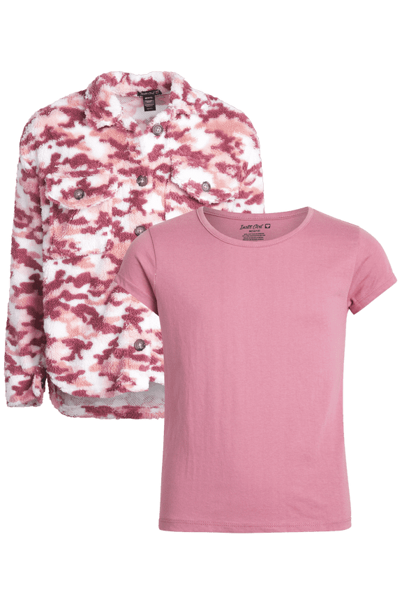 Instagirl Girls Shacket Set - 2 Piece Cozy Soft Fleece Sherpa Shirt Jacket and T Shirts for Girls