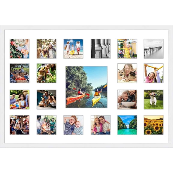 Instagram 21-Opening White Collage Frame With Mat - 20x29 Solid Wood Frame For (20) 4" x 4" and (1) 8" x 8" Photo - White Matted Instagram 4x4 Collage Photo Frame with Mat with Multi Opening Picture