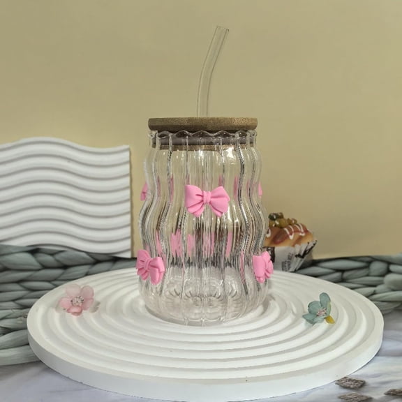 Instagram Glass Cup with Lid and Straw, 450ml Ribbed Tumbler with Bow or Rose, Aesthetic Drinking Glass for Flat Lay Photos