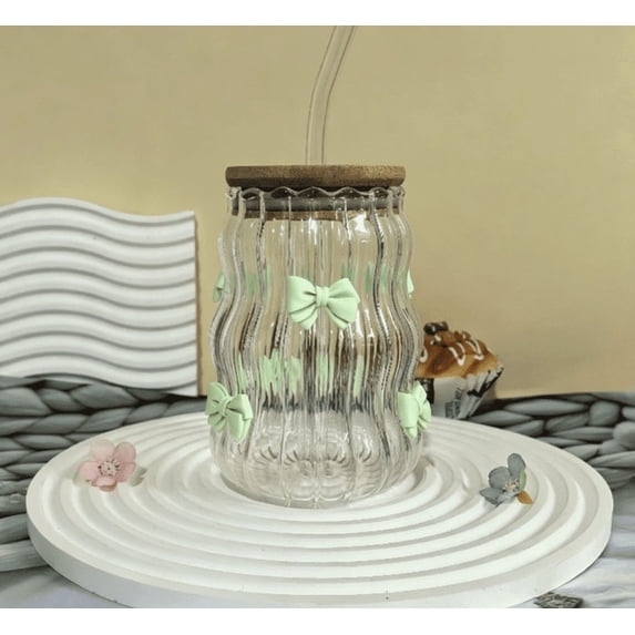 Instagram Glass Cup with Lid and Straw, 450ml Ribbed Tumbler with Bow or Rose, Aesthetic Drinking Glass for Flat Lay Photos