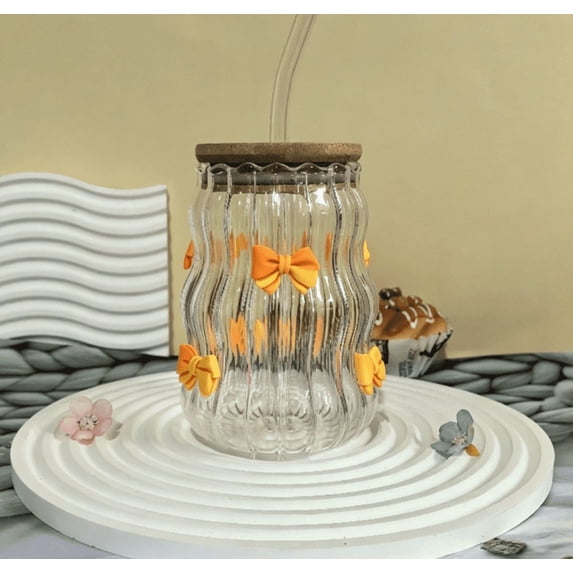 Instagram Glass Cup with Lid and Straw, 450ml Ribbed Tumbler with Bow or Rose, Aesthetic Drinking Glass for Flat Lay Photos