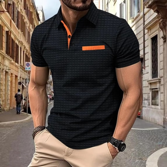 Instagram Spring and Autumn Men's POLO Shirt Button Jacquard Plaid Sports Leisure Muscle Fitness Polo Shirt Top