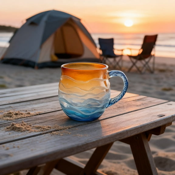 Instagrammable Handblown Sea Glass Sunset Wave Mug - Beach-Themed Handcrafted Textured Drinkware, Unique Iridescent Waves Glass Mug for Tea, Coffee, Beverages & Home Decor Lovers, 3.93in