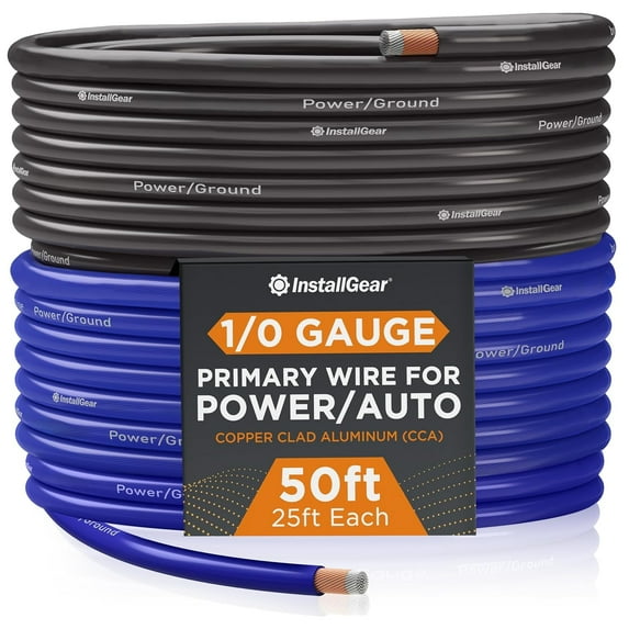 InstallGear 1/0 Gauge Wire (50ft) Copper Clad Aluminum CAA - Primary Automotive Wire, Car Amplifier Power & Ground Cable, Battery Cable, Car Audio Speaker Stereo, RV Trailer Wiring Welding Cable 1/0g
