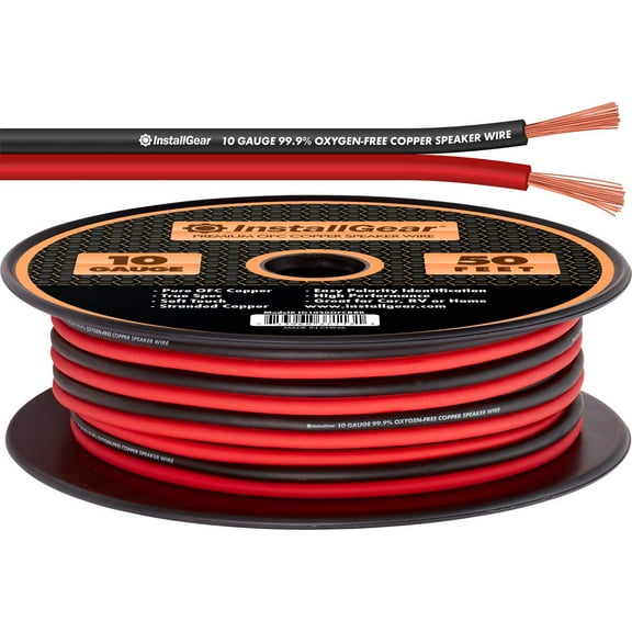 InstallGear 10 Gauge Speaker Wire - 99.9% Oxygen-Free Copper (OFC) - Red/Black (50-feet)