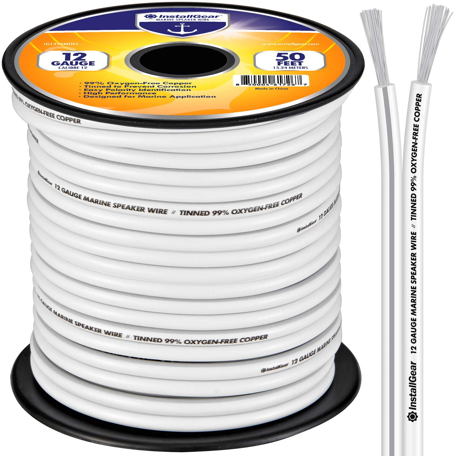 InstallGear 12 Gauge Tinned OFC Heavy Duty Boat Marine Speaker Wire (12 Gauge & 50ft) | White Speaker Cable | Speaker Wire 12 Gauge | Marine Wire 12 Gauge Wire for Outdoor