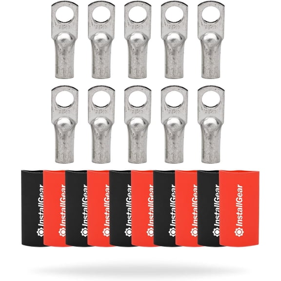 InstallGear 4 Gauge AWG Tinned Pure Copper Lugs Ring Terminals Connectors with Heat Shrink - 10-Pack