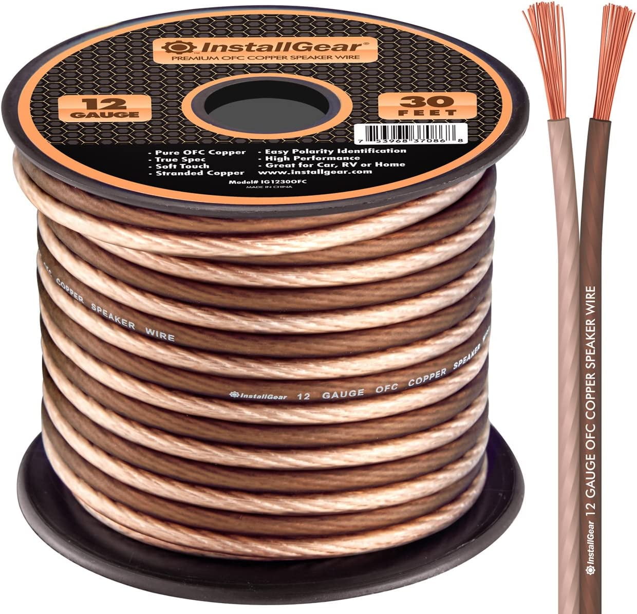 InstallGear Brown 12 AWG Gauge Speaker Wire - 99.9% Oxygen-Free Copper -  True Spec and Soft Touch Cable (30-feet) 