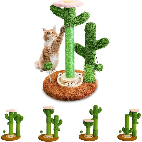 Installation Styles 42" Cactus Cat Scratching Post with Self-Grooming Brush and Ball Toy | Modular Sisal Cat Scratching Post for Indoor Cats and Kittens, Customizable Cat Furniture