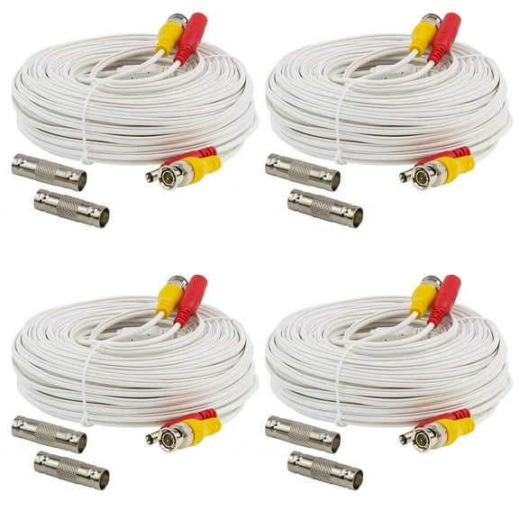 InstallerCCTV 100ft BNC Camera Extension Cable, with Connectors All in one Siamese Cable for CCTV Security Camera, White 4 Packs