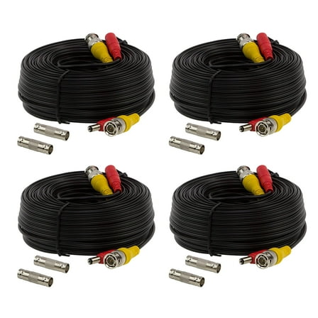 InstallerCCTV 100ft BNC Video Power Cable, BNC Extension Wire Cord with Connectors All in one premade Siamese Cable for Surveillance CCTV Security Camera System Black 4 Packs