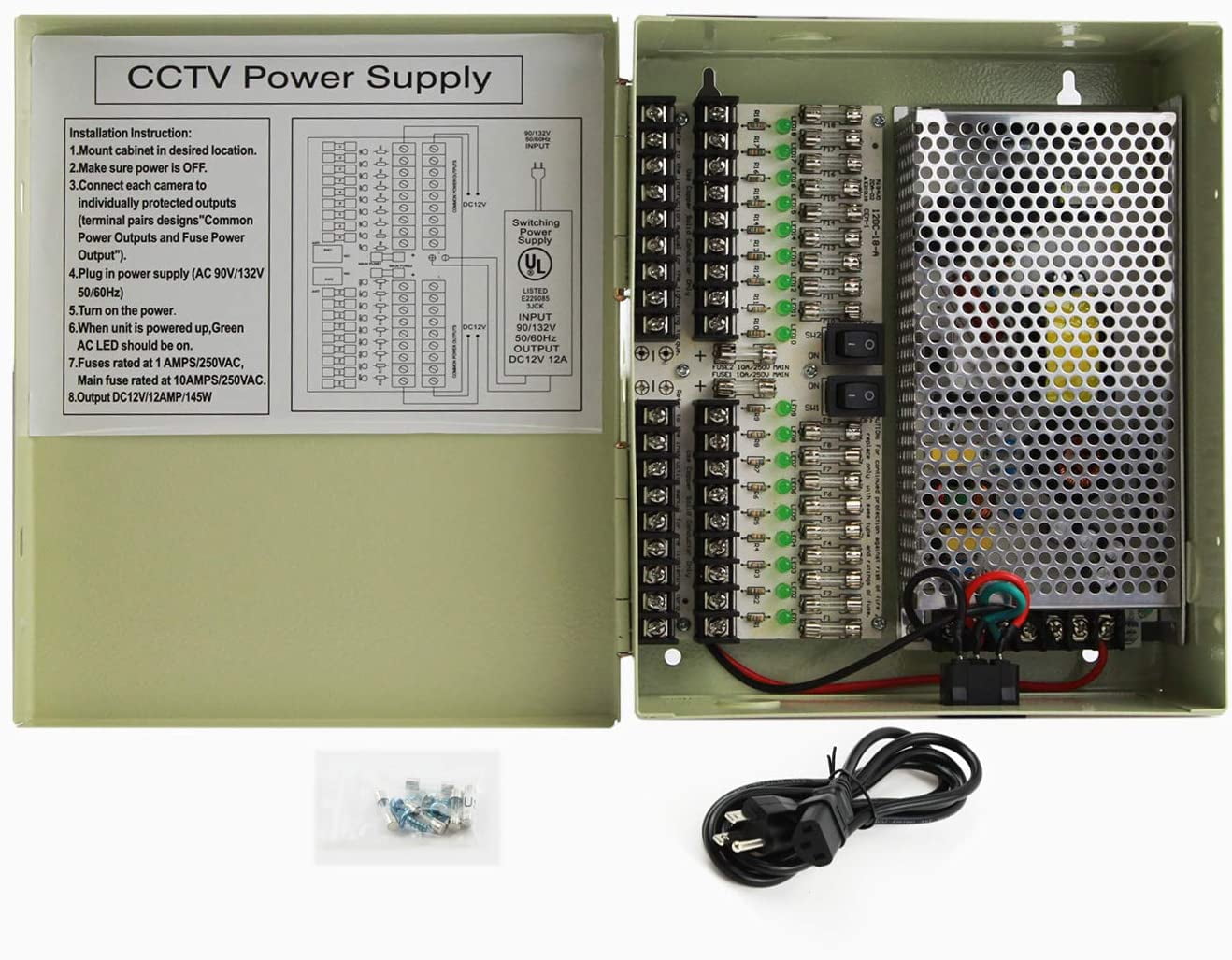 InstallerCCTV 18 Outputs 12 Amp 12V DC CCTV Distributed Power Supply Box for Security Camera, UL Listed