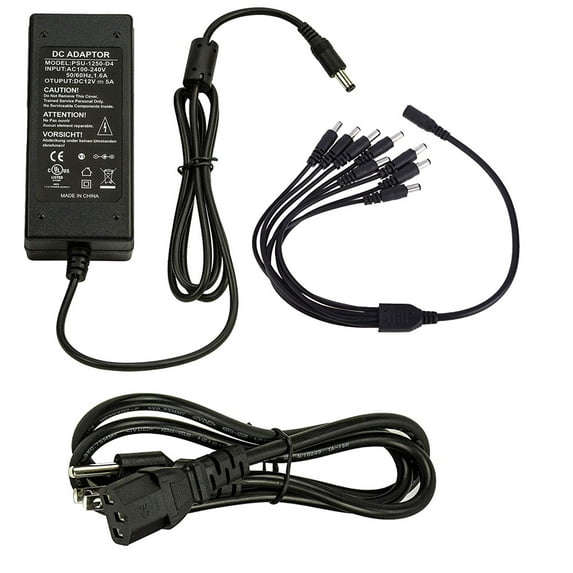 InstallerCCTV Security Camera Power Adapter 12V 5A AC to DC 2.1x5.5mm Power Supply W/ 8-Way Power Splitter Cable, UL Listed