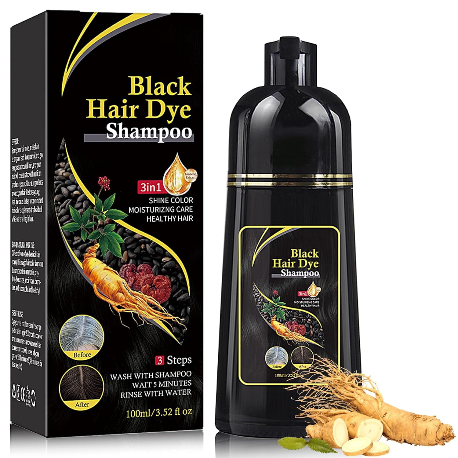 Instant Black Hair Dye Shampoo for Women & Men,3 in 1 Magic Hair Color Shampoo for Gray Hair Perfect Coverage,Moisturizing Long Lasting Repairing Care Hair Shampoo Colors-100ml