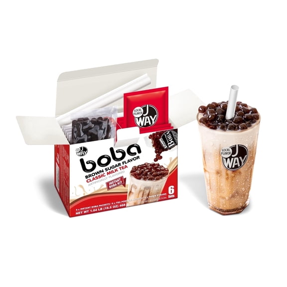 JWAY Instant Classic Boba Milk Tea Kit with Authentic Brown Sugar Tapioca Boba Pearls, Bubble Milk Tea Boba Set, Ready in Under 1 Minute, Paper Straws Included, 6 Servings