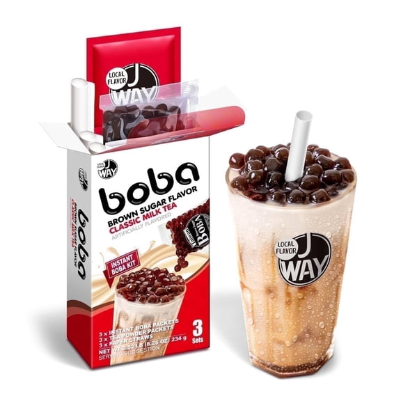 JWAY Instant Classic Boba Milk Tea Kit with Authentic Brown Sugar Tapioca Boba Pearls, Bubble Milk Tea Boba Set, Ready in Under 1 Minute, Paper Straws Included, 3 Servings