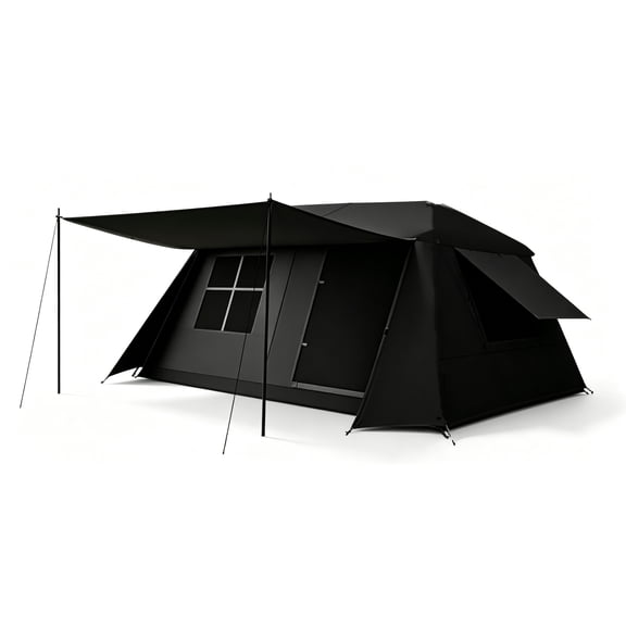 Instant Cabin Tent, 5-8 Person Camping Tent, 60S Quick Setup Family Camping Tent with Rainfly and Extended Canopy, Weather Resistant Tent with Mesh Windows and Doors for Outdoor, Backyard, Black