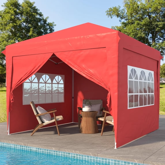 Instant Canopy 10x10 Pop Up Canopy Tent with 4 Sidewalls, Portable Shelter Enclosed Gazebo, Easy Set up Outdoor Sun Shade for Events, Parties and Camping Bonus 4 Ropes and 8 Stakes(Red)
