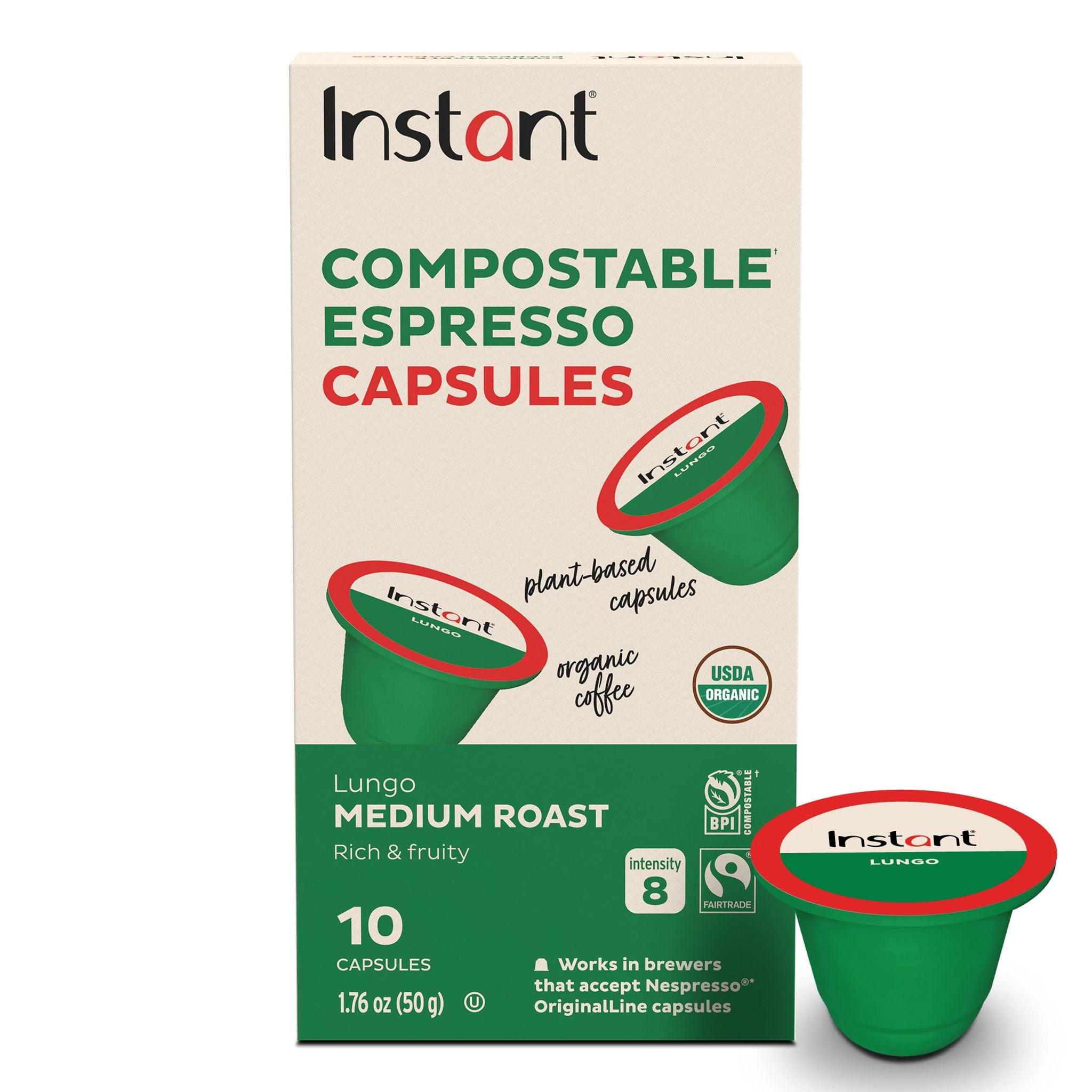Instant® Compostable Espresso Capsules, Lungo Medium Roast, 10 capsules