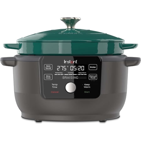 Instant 6-Quart Electric Round Dutch Oven, 5-in-1: Braise, Slow Cook, Sear/Saut, Cooking Pan, Food Warmer, Enameled Cast Iron, Included Recipe Book, Blue
