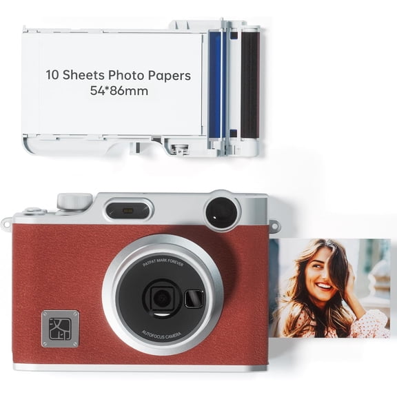 Instant Film Camera, Print Digital Camera Wireless Bluetooth Photo Printer (2x3 inches) 10 Sheets, Brown