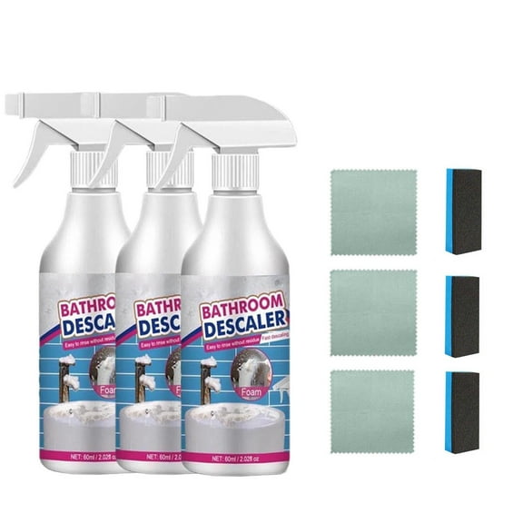 Instant Foaming Bathroom Cleaner - Heavy Duty Descaler for Hard Water Stains & Soap Scum | All-Surface Safe Formula for Toilets/Sinks/Bathtubs (3-Pack Kit with Accessories)