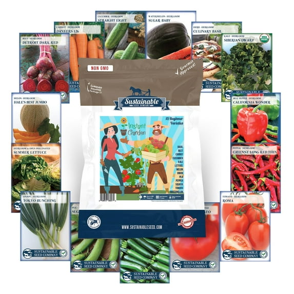 Instant Garden, 15 Variety Heirloom Vegetable Seed Collection by Sustainable Seed