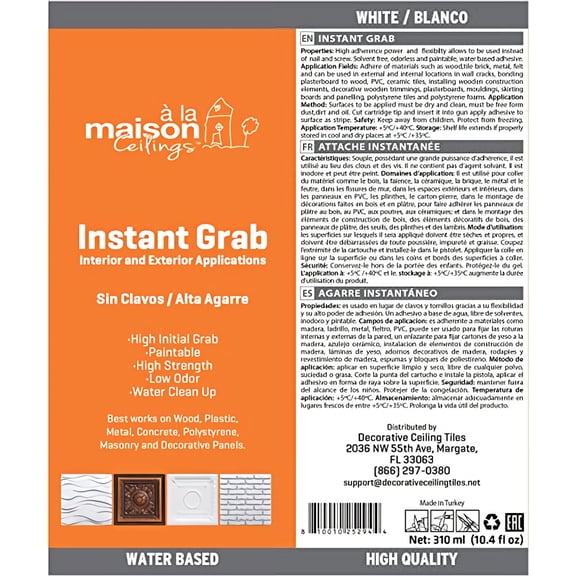 Instant Grab - Ceiling Tile, Wall Panel and Crown Molding Water Based Adhesive #310 - Pack of 12