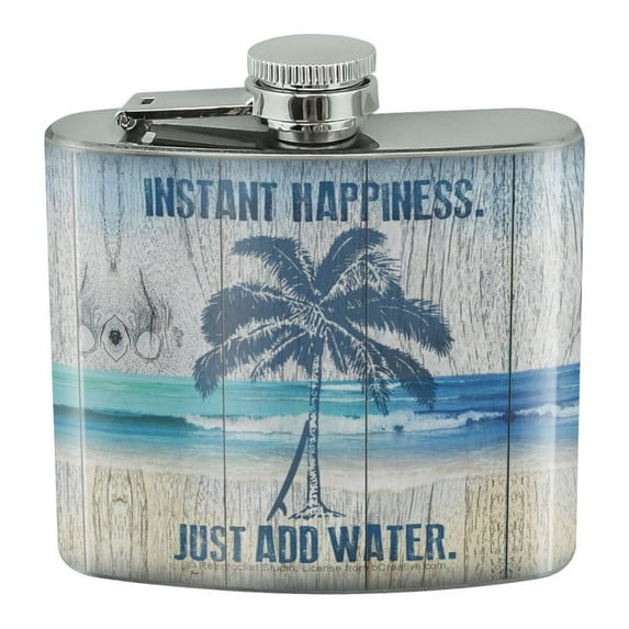 Instant Happiness Just Add Water Tropical Beach Stainless Steel 5oz Hip Drink Kidney Flask