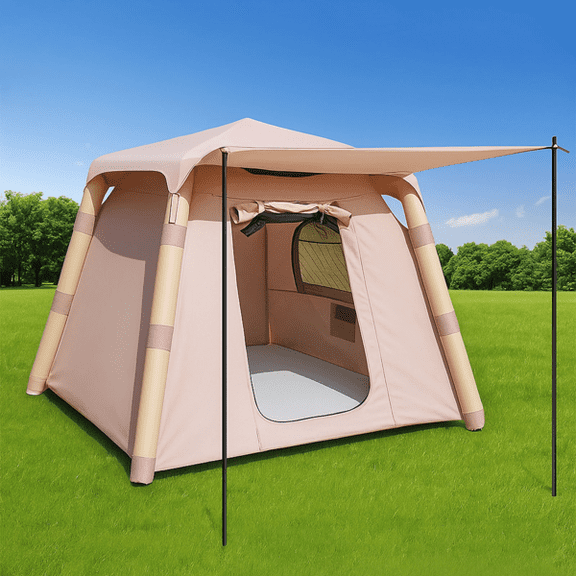 Instant Inflatable 4-Post Outdoor Tent, 3-4 Person Waterproof Air Blown House Tent, Durable Silver-Plated Oxford Fabric for All-Season Camping