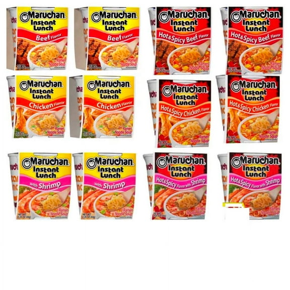 Instant Luch Ramen Noodles Variety Pack 2.25oz (12 Count) Just add Water Meal Noodle Breakfast Dinner Warm Snacks Home Kitchen College Food Gift Donation w/ Tote & Bonus Porte Pot