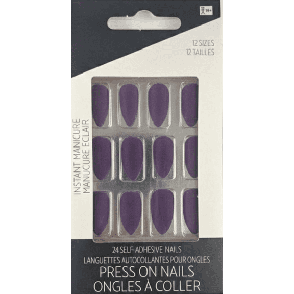 Instant Manicure Press-On Nails  Matte Purple, 24 Self-Adhesive Nails, 12 Sizes