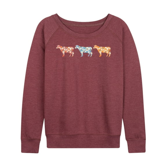 Instant Message - 3 Small Floral Print Cows - Women's Lightweight French Terry Long Sleeve Shirt